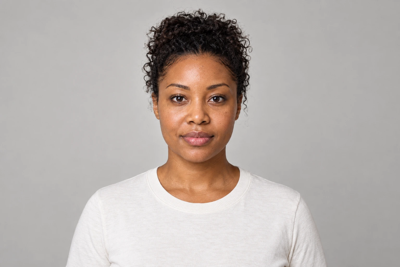 AI-generated upright frontal portrait with natural curls